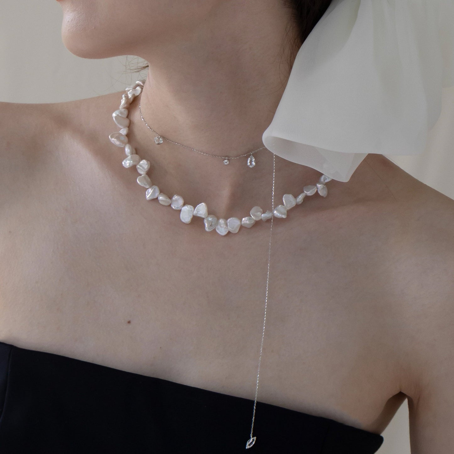 【6.6 sat 19:00-in stock】3WAY FALLING PATELS PEARL LARIAT NECKLACE(SV)