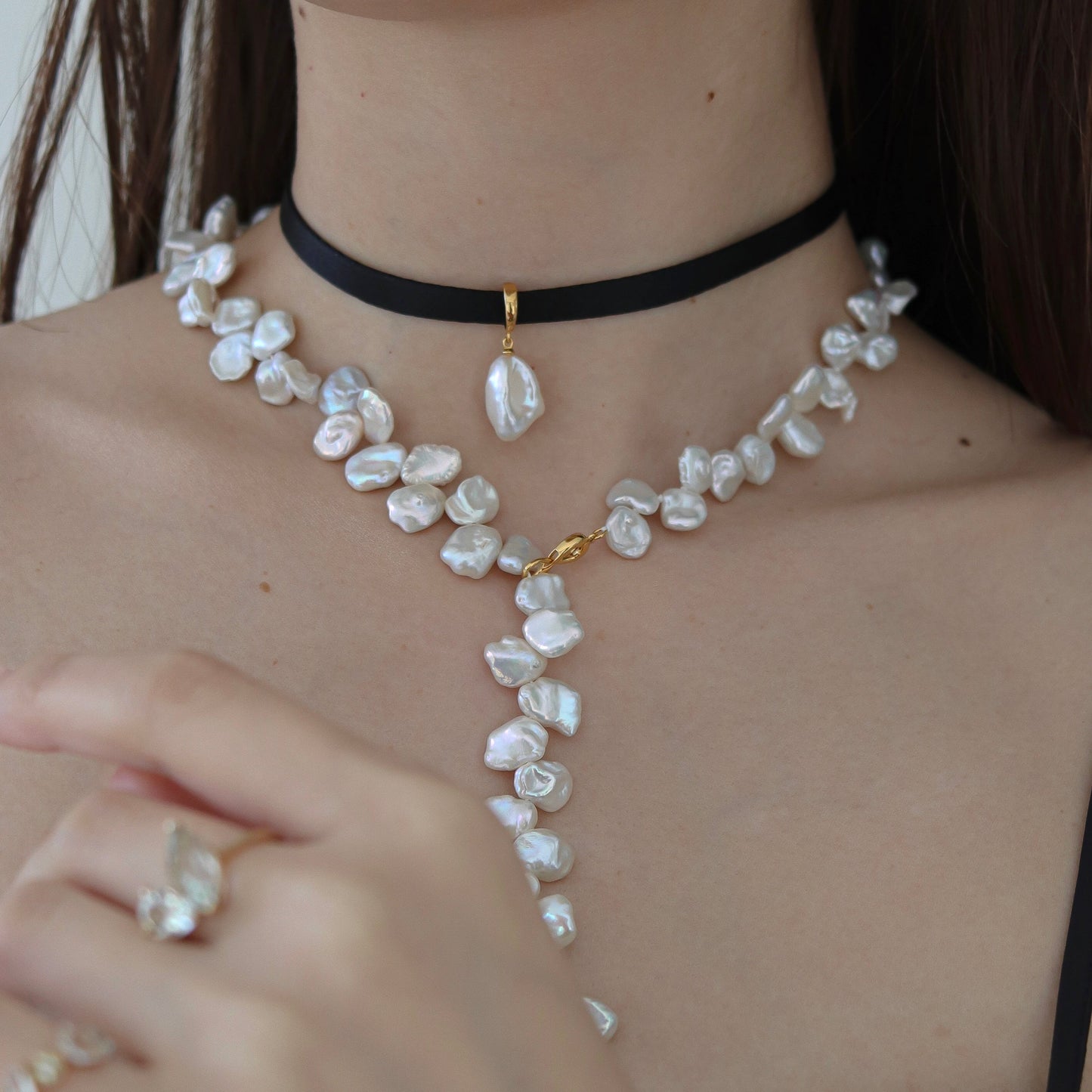 【6.6 sat 19:00-in stock】3WAY FALLING PATELS PEARL LARIAT NECKLACE(GD)